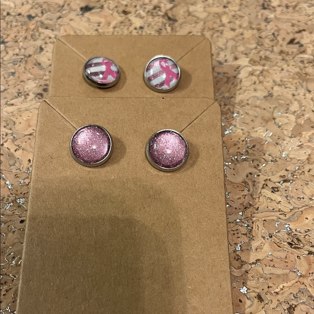 Pink Ribbon Breast Cancer and Glitter Stud Earrings Set - Handmade